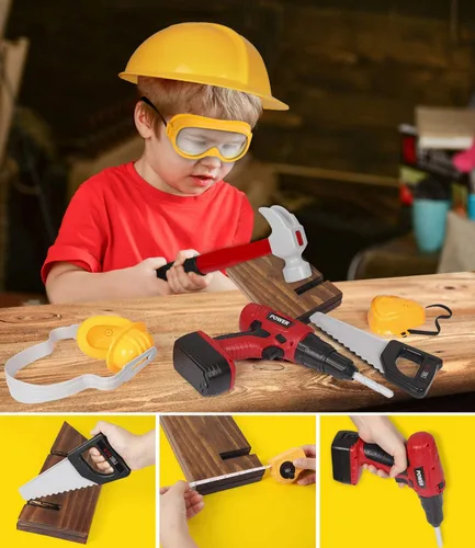 Vista 6 de Juego de herramientas para niños con taladro de juguete eléctrico para niños, juego de herramientas para niños pequeños con caja de herramientas