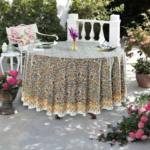Vista 13 de Ridhi Mantel redondo estampado a mano color rosa flamenco 110 pulgadas 100%