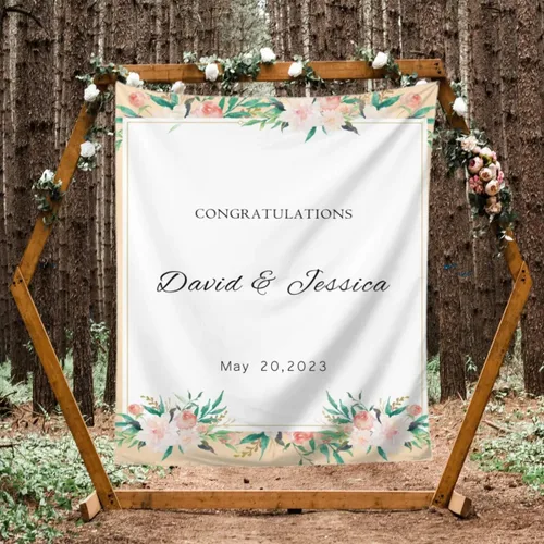Vista 8 de Telón de fondo de boda personalizado, tapiz de felicitaciones de flores coloridas personalizado con nombres y fecha, pancarta de boda personalizada