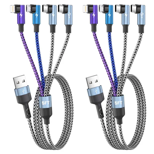Vista 13 de Cargador de teléfono de 90 grados, cable de carga múltiple 4 en 2, cable USB C CarPlay con doble tipo C, micro USB, puerto IP, cable USBC de nailon