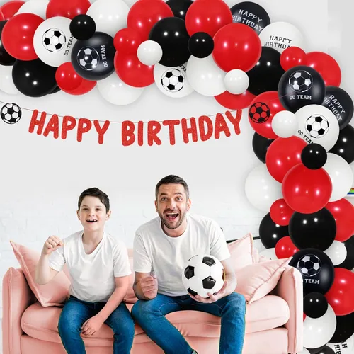 Vista 3 de Decoraciones de fiesta de cumpleaños de fútbol, decoración de fiesta temática de fútbol, kit de guirnalda de globos rojos y negros, pancarta