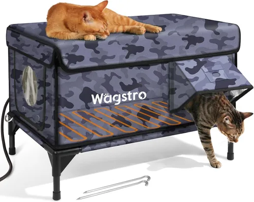 Vista 8 de Casa climatizada para gatos para exteriores, casa aislada a la intemperie para gatos al aire libre con aleros impermeables y puerta de escape