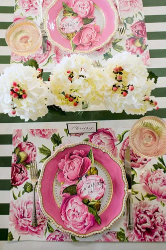 Vista 4 de Manteles individuales desechables de papel para mesa de comedor, manteles individuales cuadrados de flores de peonías para fiestas, 18 hojas por
