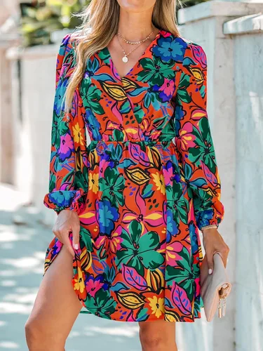 Vista 5 de CUPSHE Mini vestido de gasa con estampado floral para mujer, mangas largas campesinas