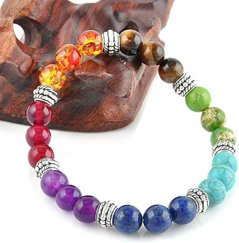 Vista 3 de Pulsera de cuentas de siete chakras de moda natural aleación melocotón corazón cadena ágata cristal Strand