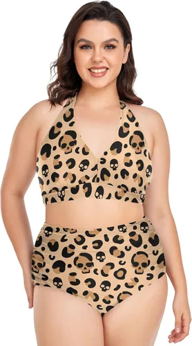 Vista 20 de Bikini de 2 piezas para mujer, talla grande, cintura alta, cuello halter, fruncido, control de abdomen Murciélagos Cruces Estrellas