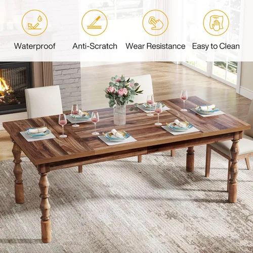 Vista 4 de Tribesigns Mesa de comedor de granja de 62 pulgadas para 4-6 personas, mesa de cocina rectangular grande, mesa de comedor, muebles de cocina y Nogal