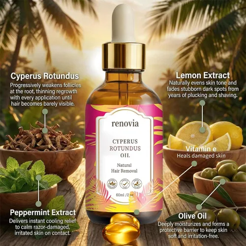 Vista 3 de Renovia Cyperus Rotundus Aceite para depilación, nuevo suero de piel Renovia Cyperus Rotundus 2026, minimizador de poros, hidratante y calmante