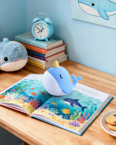 Vista 7 de Fuloon Narwhal - Luz nocturna con forma de ballena, lámpara de silicona blanda para niños, control táctil seguro y relajante para niños y bebés