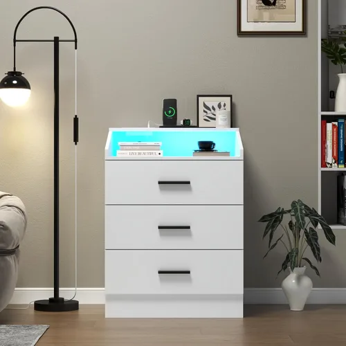 Vista 7 de Gyfimoie Cómoda de 3 cajones para dormitorio con toma de corriente, cómoda blanca con luz LED, cómodas modernas con cubículo de almacenamiento