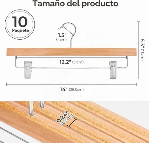 Vista 7 de HOUSE DAY Perchas de madera para pantalones con clips, paquete de 10 Natural