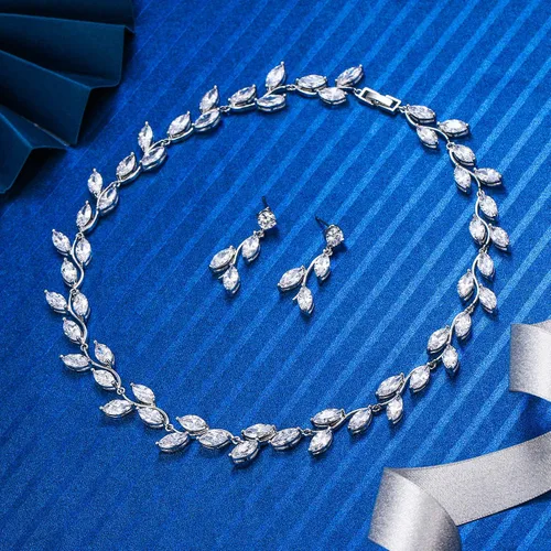 Vista 3 de EleQueen Collar de lágrima de hoja elegante de circonita cúbica para mujer, para boda, boda, novia, juego de joyas para fiesta de graduación