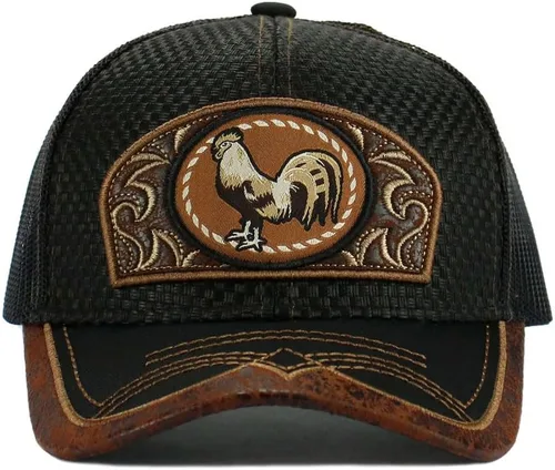 Vista 2 de Gorra de béisbol curvada de malla de camionero bordada estilo occidental de México con diseño de gallo