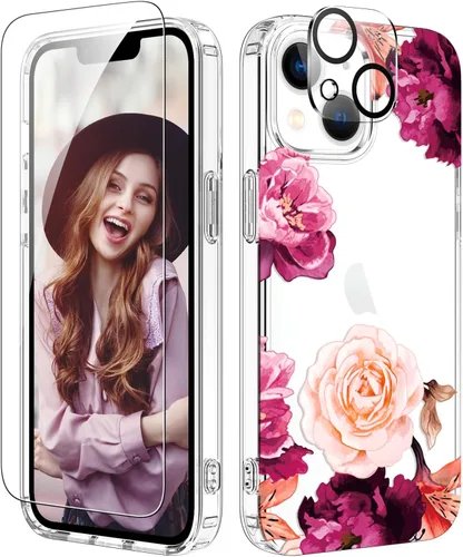 Vista 8 de ZQWY Funda compatible con iPhone 14/iPhone 13, estética transparente con diseño con protector de pantalla, protector de lente de cámara, a prueba