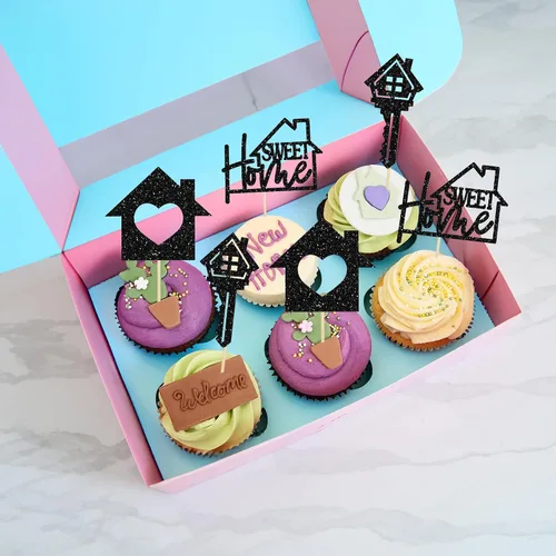 Vista 6 de Gyufise Paquete de 24 adornos para cupcakes Sweet Home con purpurina para inauguración de la casa, para bienvenida, nuevo hogar, fiesta temática