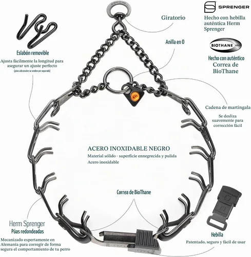 Vista 3 de Collar para Perro Herm Sprenger de Acero Inoxidable Negro con Hebilla de Liberación Rápida ClicLock y Inserción de Biothane Collar de Entrenamiento