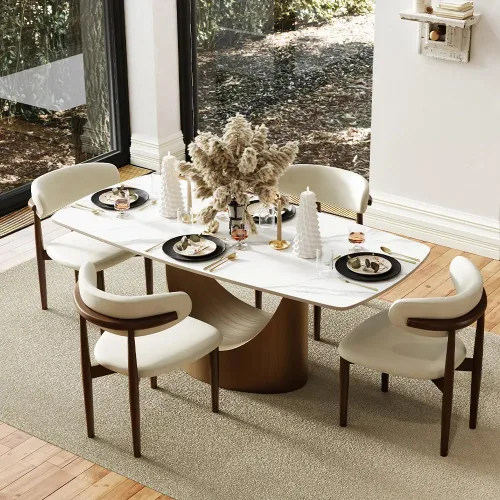 Vista 24 de POVISON Juego de mesa de comedor para 4, mesa rectangular negra de piedra sinterizada mate de 63 pulgadas con base de acero al carbono bronce, silla