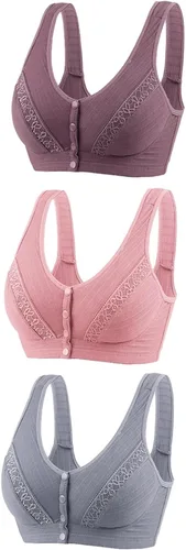 Vista 5 de Glamorette Snap Front Bra Older Women,Snap Front Bra, Sexy Lace Embroidered Bras,Pull-On Front Closure Button Bras 3 unidades de color negro.