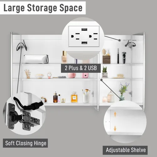 Vista 7 de Karl home Botiquín de baño de 3 puertas de 48 x 28 pulgadas con espejo LED, gabinete de baño regulable de 3 colores montado en la pared con estantes