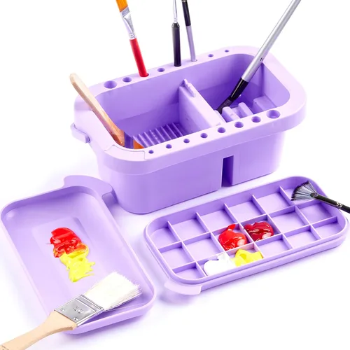 Vista 10 de SEVENY Limpiador de pinceles, soporte y organizador con paleta, azul Bandejas y Enjuagador Incluido, Para Pintura Acrílica, Para Pinturas De