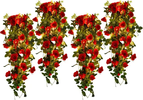 Vista 16 de RECUTMS - Guirnalda de flores artificiales colgantes de rosas negras, 2 guirnaldas florales falsas de 3.3 pies con 30 luces LED para pared