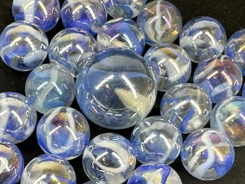 Vista 2 de ~25 canicas de cristal Caballito de mar naranja/remolino azul estilo clásico paquete de juego (24 jugadores, 1 tirador) decoración/relleno