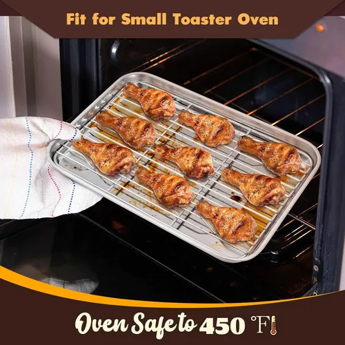 Vista 4 de E-far Bandeja pequeña de metal para horno tostador con juego de estante, bandeja para hornear de 9.4 x 7.3 pulgadas con rejilla de enfriamiento