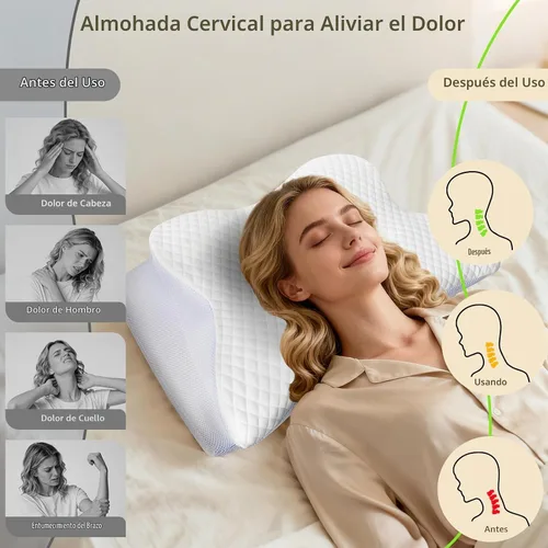 Vista 4 de Almohada cervical de espuma viscoelástica para aliviar el dolor de cuello, color blanco