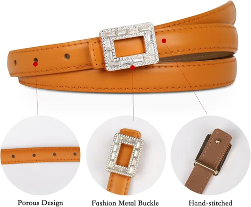 Vista 380 de Cinturón de cuero clásico con hebilla de metal para mujer con vestido de jeans
