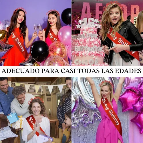 Vista 4 de It's My Birthday - Juego de bandas de princesa, diadema roja, tiara y accesorios para mujeres y niñas, fiesta feliz