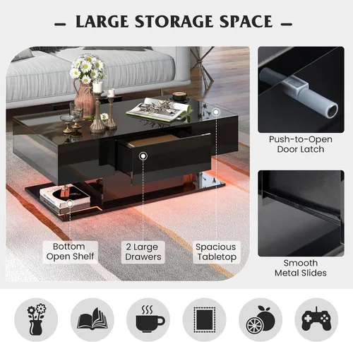 Vista 7 de Tangkula Mesa de centro LED con 2 cajones, mesa central moderna de alto brillo, luces LED regulables de 20 colores y control remoto, mesa auxiliar