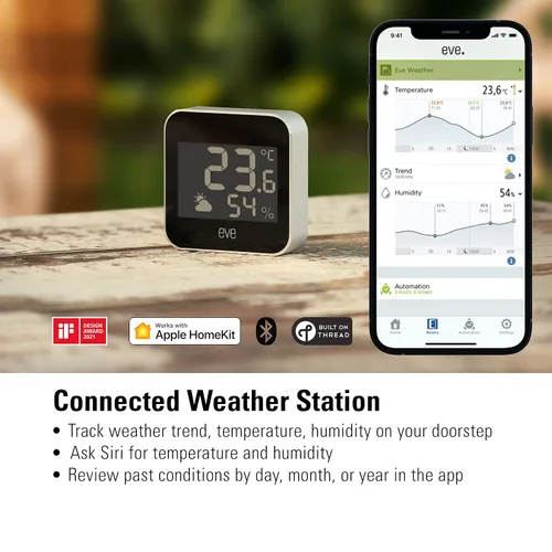 Vista 2 de Eve Weather - Apple HomeKit Hogar Inteligente, Estación Meteorológica Conectada para Exteriores para Seguimiento de Temperatura, Humedad y Presión