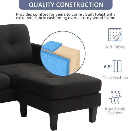 Vista 4 de Grepatio Sofá modular convertible, sofá en forma de L con tela de lino moderna para espacio pequeño (negro)