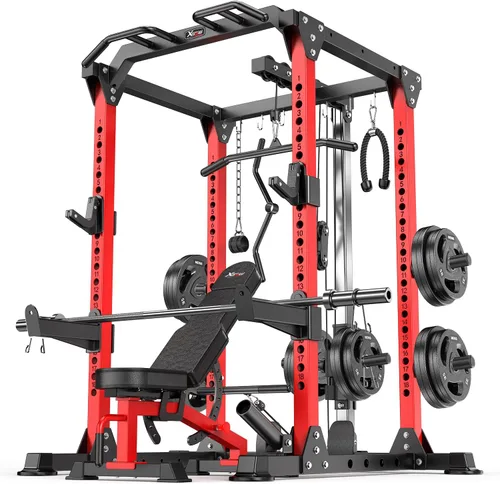 Vista 10 de Power Cage - Rack de Potencia Multifunción con Sistema de Cruce de Cables, Rack para Sentadillas de Capacidad de 1800 LBS con Banco de Pesas