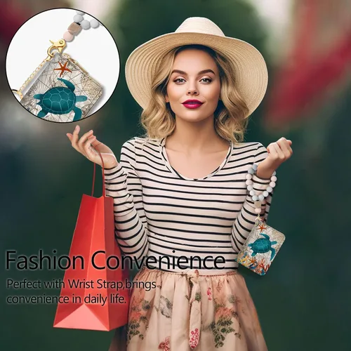 Vista 2 de Blusabaca Cartera con tarjetero RFID para mujer, cartera pequeña para tarjetas con llavero y cremallera, tarjetero de cuero con bolsillo de tortuga