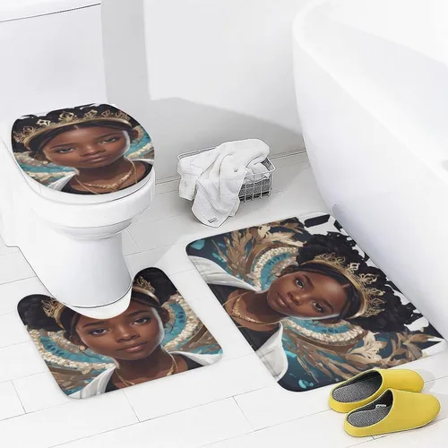 Vista 3 de Juego de alfombras de baño de 3 piezas, antideslizantes y suaves, para mujeres afroamericanas, tapete de baño con corona de reina afroamericana