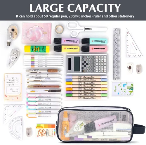 Vista 4 de Estuche grande de malla de malla con 2 compartimentos, bolsa transparente para lápices con cremallera, bolsa de papelería transparente multifunción