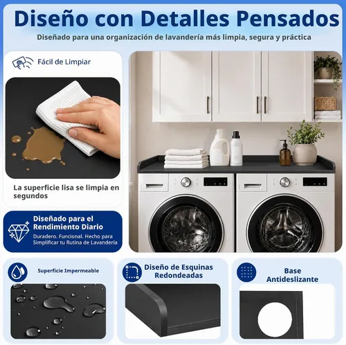 Vista 4 de Royxen Encimera de lavandería de madera maciza, encimera para todas las lavadora y secadora de carga frontal, espacio adicional para lavandería Negro