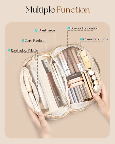 Vista 3 de Vlando Bolsa de maquillaje de viaje, neceser para mujer, piel sintética, abierta, plana, bolsa de maquillaje, Clásico elegante