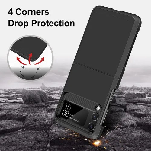 Vista 4 de Funda compatible con Samsung Galaxy Z Flip 3 con protección mejorada de bisagra de doble capa, policarbonato duro, TPU suave, cuerpo completo, a