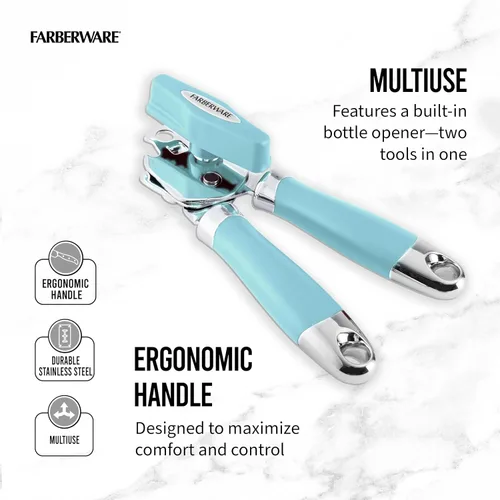 Vista 2 de Farberware Pro2 - Abrelatas manual con abridor de botellas integrado, mango ergonómico, cuchillas afiladas y duraderas, perilla de giro fácil, cielo