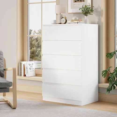 Vista 28 de Cómoda de madera negra para dormitorio, 5 cajones para almacenamiento de ropa, cómoda moderna con cajones anchos, cómoda de madera amplia para sala