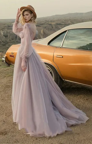 Vista 2 de Fanciest - Vestido de fiesta de graduación de manga larga estilo vintage para mujer, vestido de noche formal de manga larga y sin espalda