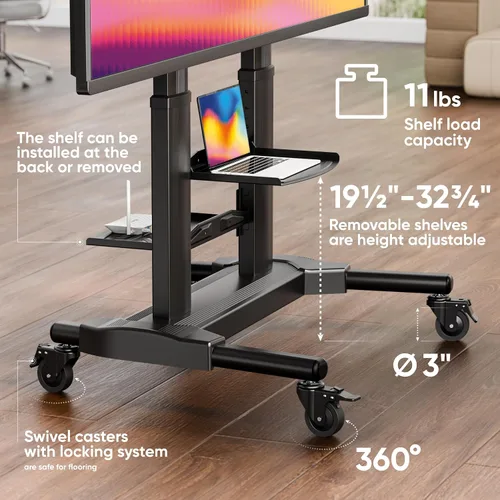 Vista 5 de ONKRON Soporte de TV móvil con ruedas para televisores de 40 a 80 pulgadas de hasta 122 libras, carrito de TV rodante, soporte de TV portátil