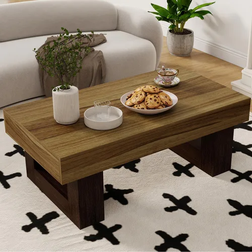 Vista 6 de Mesa de centro de granja, mesas centrales rectangulares de madera de 42 pulgadas con base gruesa, modernos muebles de té de cóctel bajos para sala