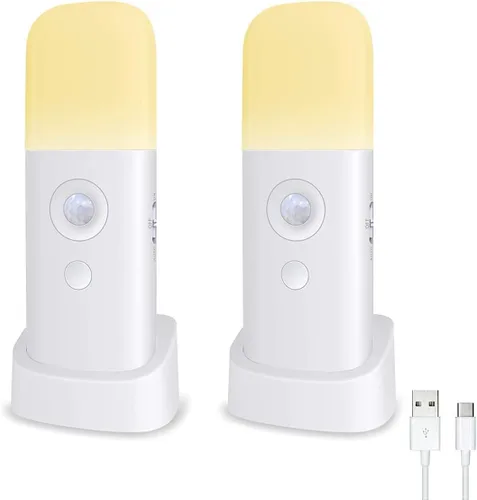 Vista 13 de CREWEEL Luces nocturnas con sensor de movimiento para interiores, luz nocturna recargable, funciona con pilas, luz nocturna portátil con brillo