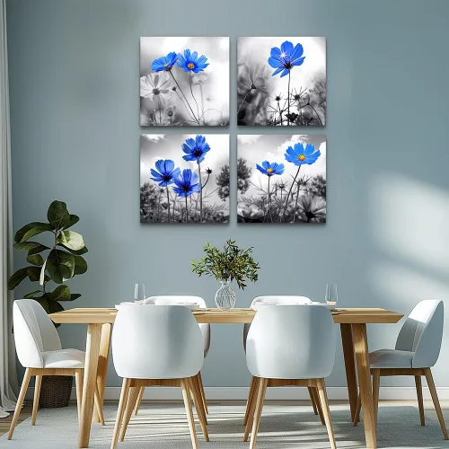 Vista 4 de Arte de pared para dormitorio, flor azul cian en blanco y negro, decoración de pared para decoración del hogar, pintura de arte de 12 x 12 pulgadas