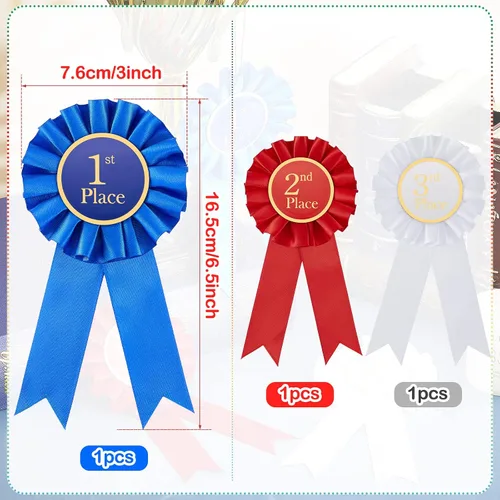 Vista 2 de MTLEE - Juego de 3 piezas de roseta de cinta de satén para participación, insignia de premios honoríficos, premios azules, rojos y blancos, medallas