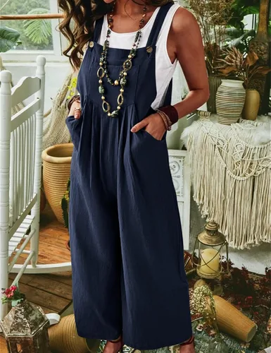 Vista 3 de BQDCQB Women's Linen Overalls Adjustable Straps Sleeveless Loose Bib Wide Leg Casual Jumpsuit