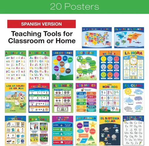 Vista 5 de 20 Carteles Educativos Grandes para Niños Pequeños (16.5x12 pulgadas Doble Cara Inglés/Español) Alfabeto Colores Letras Números Formas Meses Días